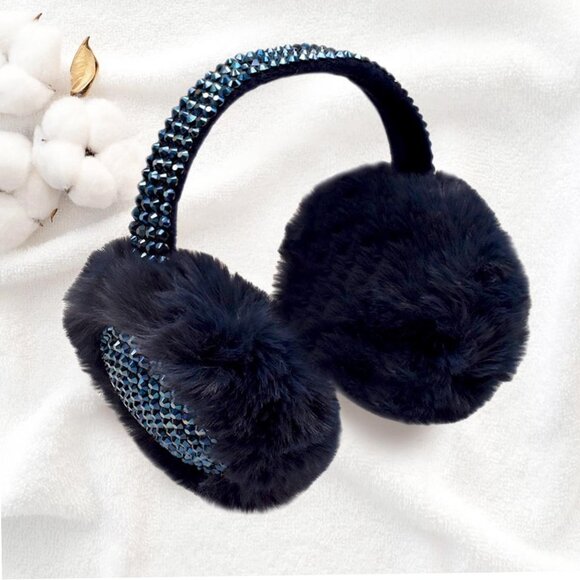 Navy Blue Fluffy Faux Fur Sparkle Bling Crystal Stone Earmuffs Ear Warmers NEW - Picture 1 of 1